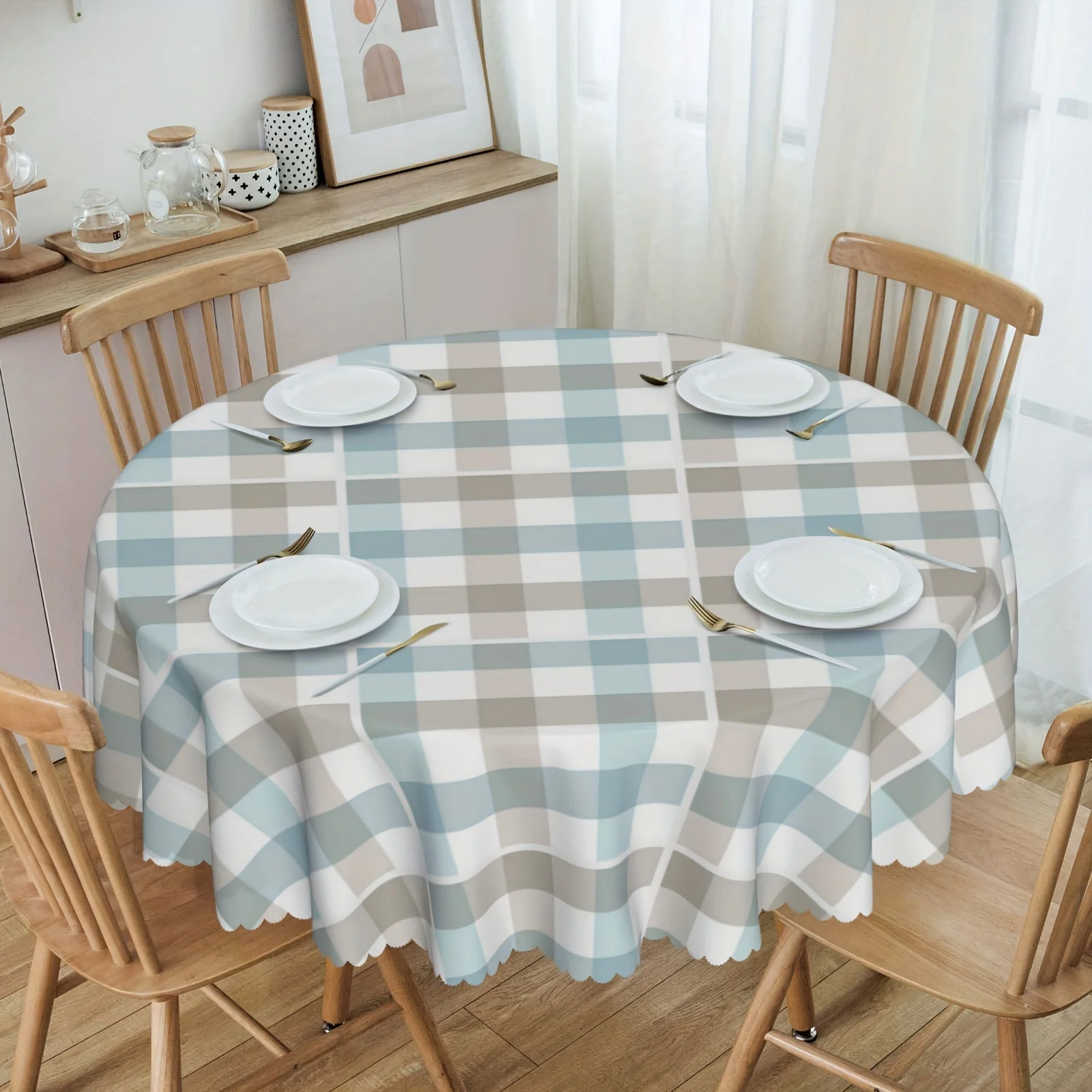 One white, gray and blue checkered tablecloth is replaced by a crease-resistant checkered tablecloth.