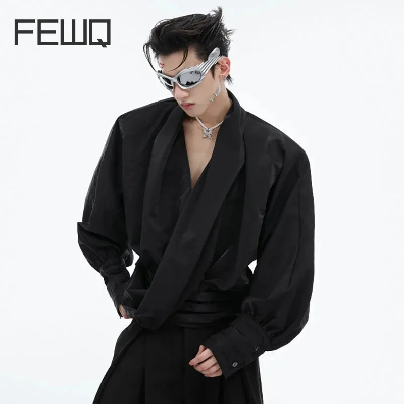 FEWQ Men Shirt Texture V-neck Design Shoulder Padded Loose Luxury Cardigan Top 2024 Solid Color Long Sleeve Male Tops 24X9224