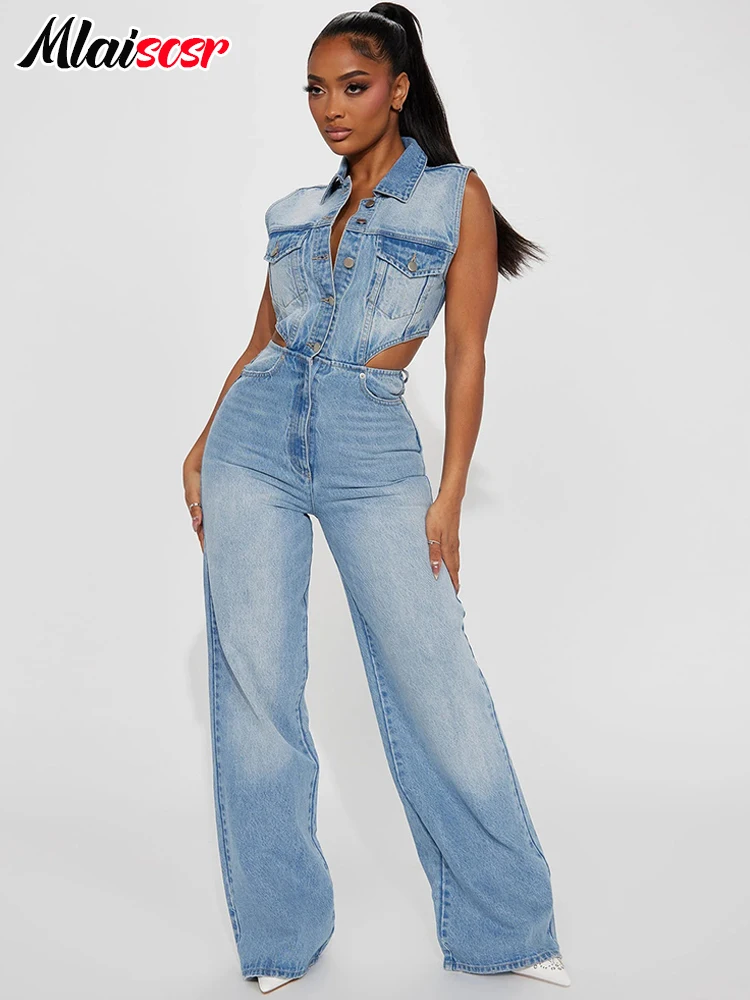 Mlaiscsr Blue Hollow Out Straight Stretch Denim Jumpsuit Women Lapel Button One-piece Pants Jeans Rompers Female Cowboy Overalls