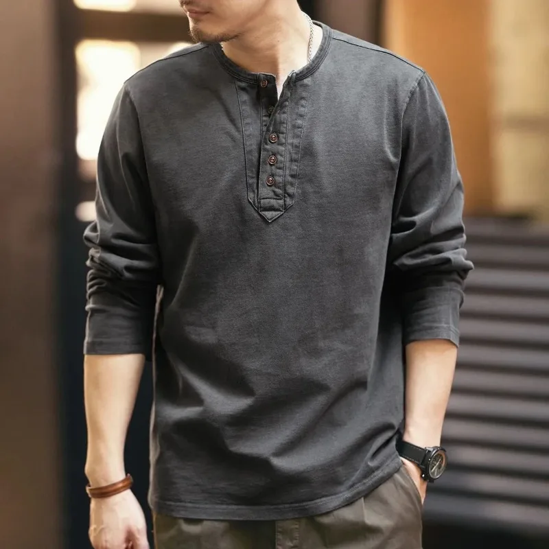 2023 Spring and Autumn Men's Round Neck Solid Fit Button Bright Line Decoration Casual Fashion Elegant Commuter LongSleeve Top s