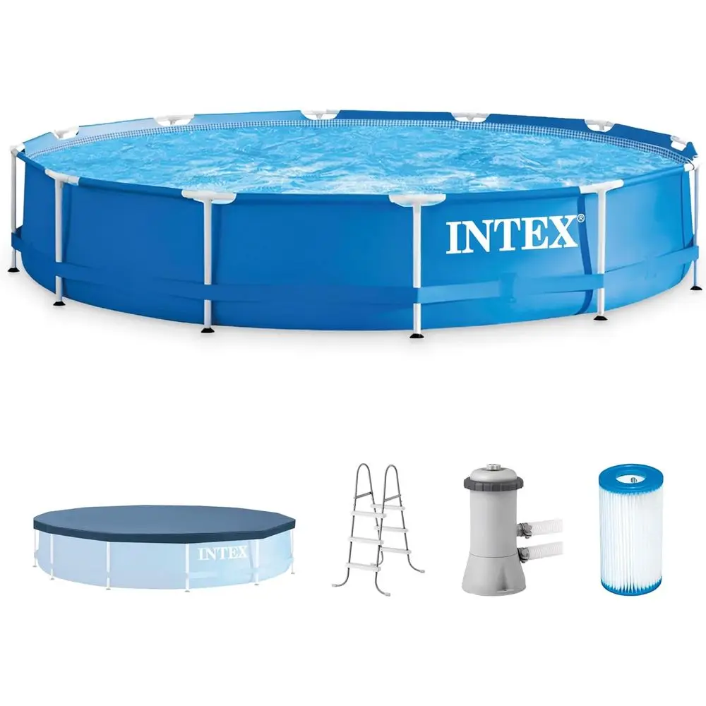 

Круглый металлический бассейн для установки на земле, 12 футов x 30 дюймов, с фильтрующим насосом, картриджами, стальной лестницей 42 дюйма и защитным покрытием.