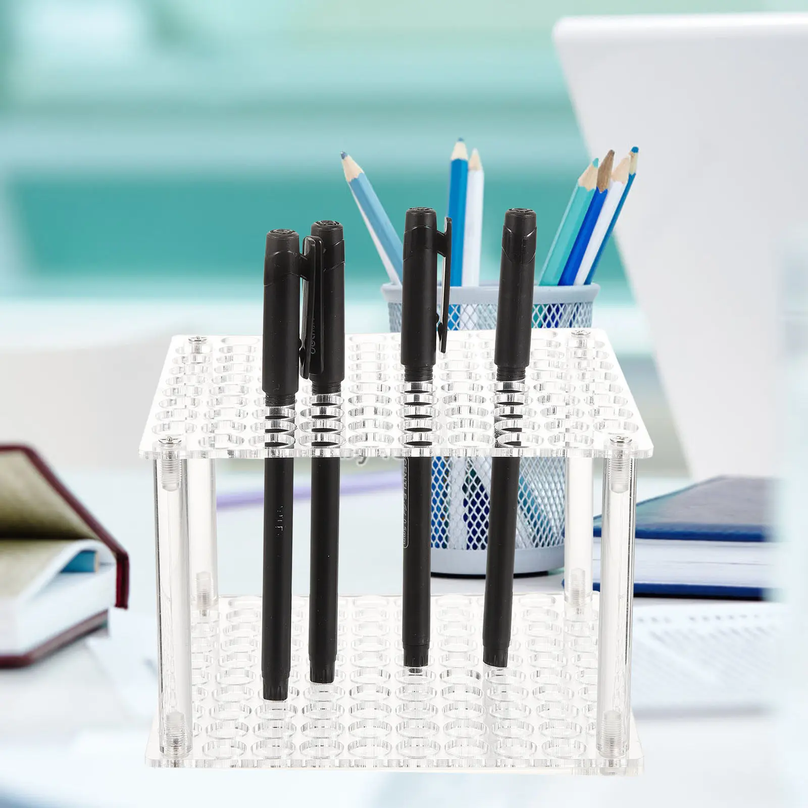 Pen Display Holder Acrylic Organizer Rack with Multi Compartments for Pencils Ball Pens Markers Makeup Brush Storage