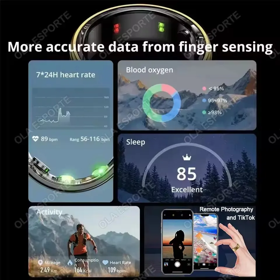 Smart Ring Blood Pressure Heart Rate Sleep Monitoring Smartring IP68 & 5ATM Waterproof Multi-sport Mode Smartring Man Women HT30