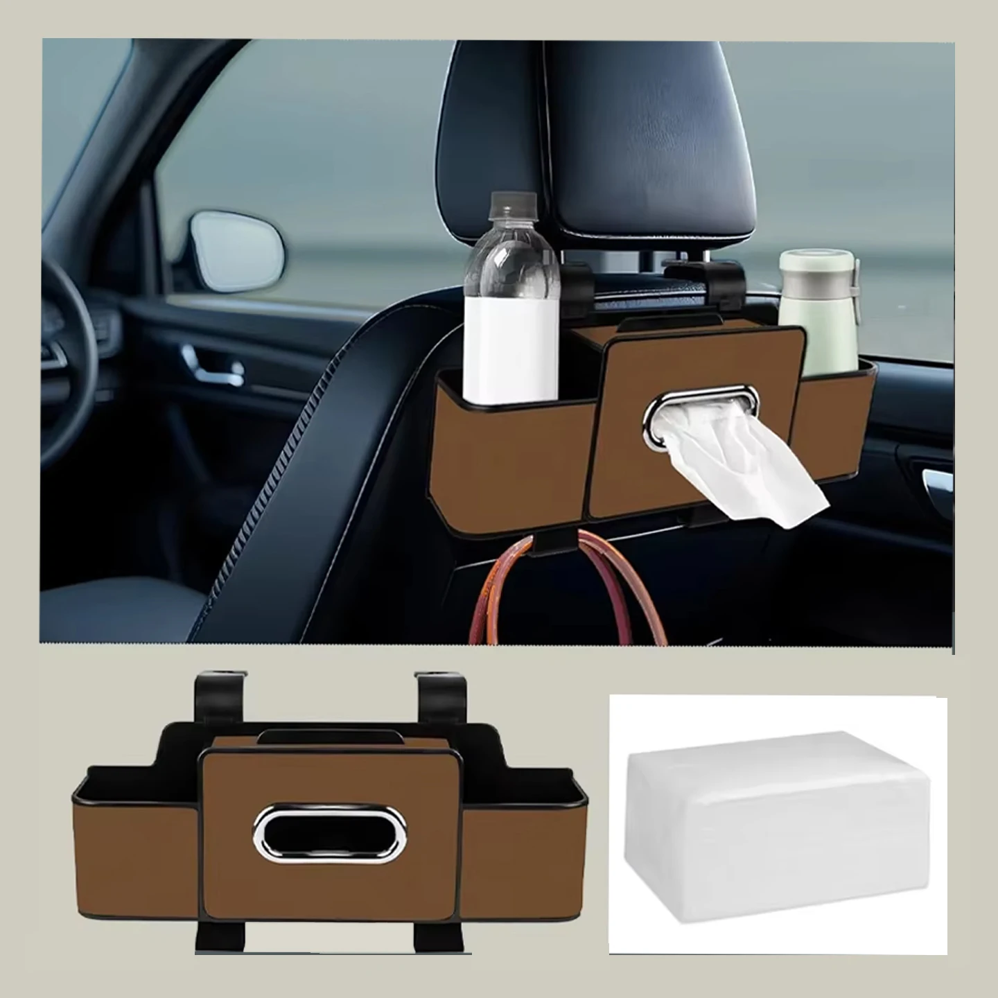 Multifunctional car storage bag, car rear seat storage bag with paper towel, car seat rear tissue box and storage hook, multifun
