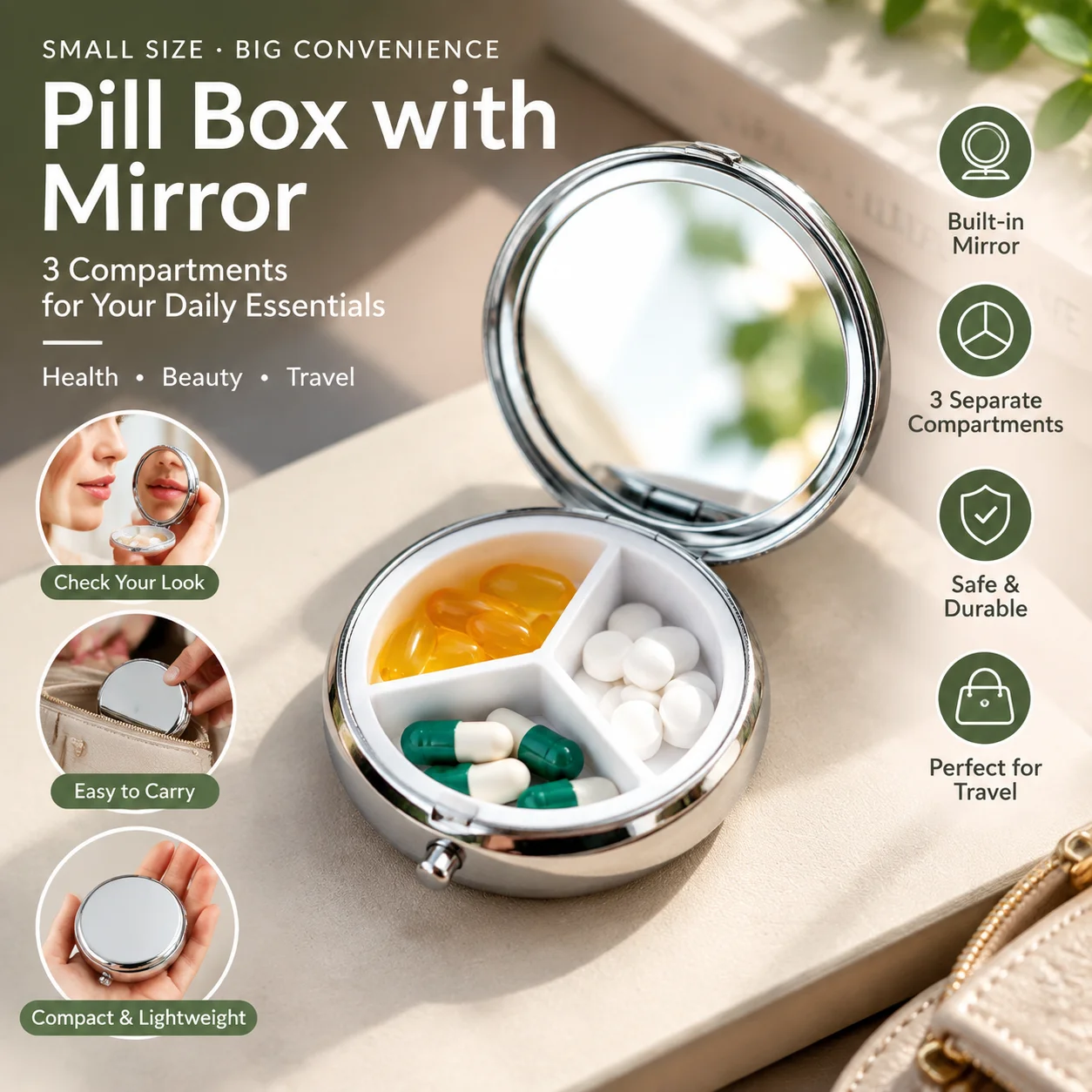 Mini Metal Pill Box With Mirror 3 Compartment Portable Jewelry Box Cute DIY Storage Case For Travel Daily Use