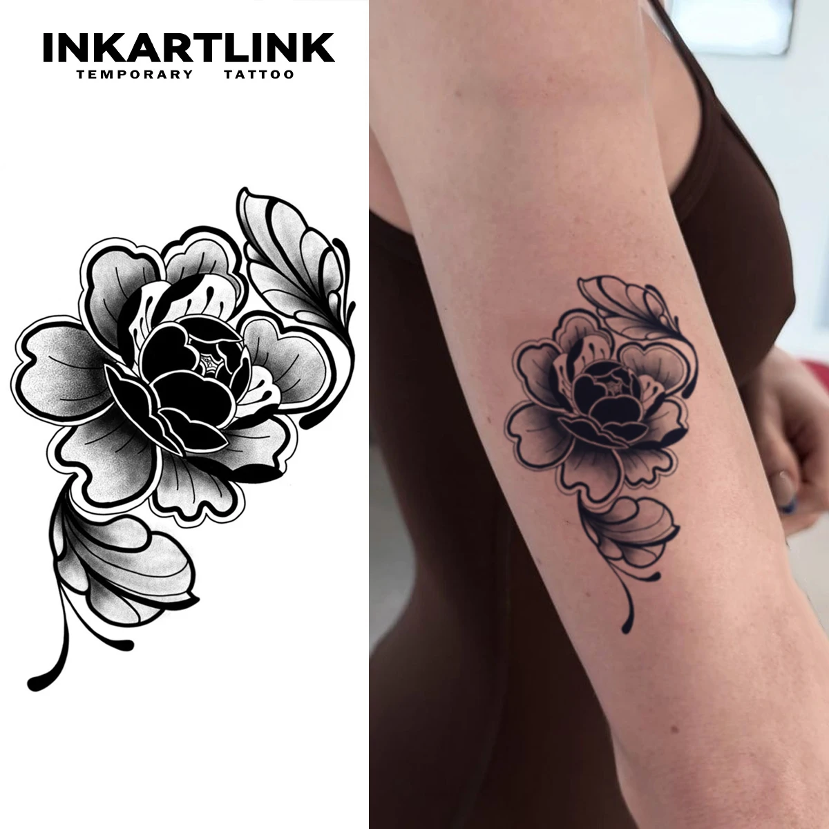 

INKARTLINK Classical Oriental Realistic Flower Peony Tattoo Stickers Waterproof Temporary Tattoo Color Holding for 1-2 Weeks