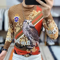 Animal Bird T Shirt Men Slim Print Casual Tee Homme Long Sleeve Men T-Shirt Camisetas Hombre Cashmere Round Neck Sweater For Men