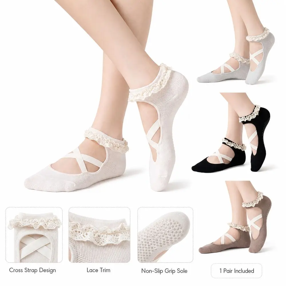 New Non Slip Yoga Socks Cross Strap Breathable Pilates Socks Lace Trim Elastic Bias-cut ankle socks Yoga Practice