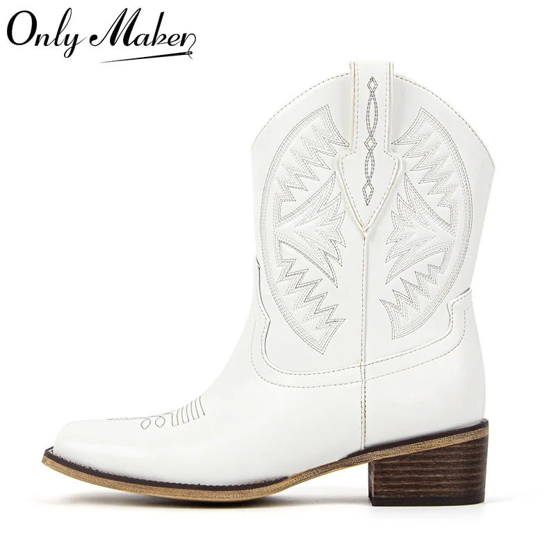 

Onlymaker Women Square Toe White Embroidery Low Block Heels Western Boots Pull On Chuny Heel Ankle Boots