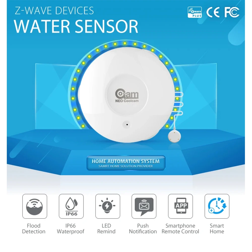 NEO COOLCAM Zwave Plus Water Leak Alarm Sensor Zwave Flood Leakage Sensor With Remote Probe