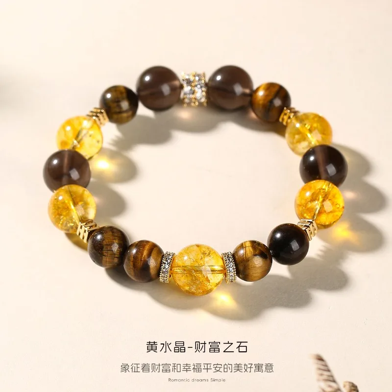 Citrine Tiger Eye Bracelet: Rutilated Quartz & Yellow Tower Beads, Wealth-Attracting Lucky Bracelet for Men & Women Gifts