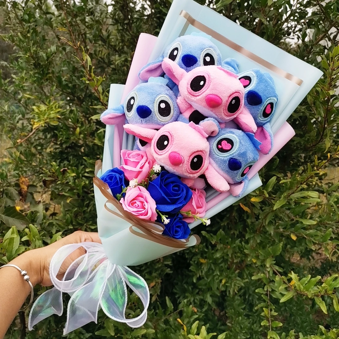 

Disney Lilo Stitch Plush Bouquet With Soap Rose Flower Anime Stuffed Animals Home Decoration Valentine Christmas Gift