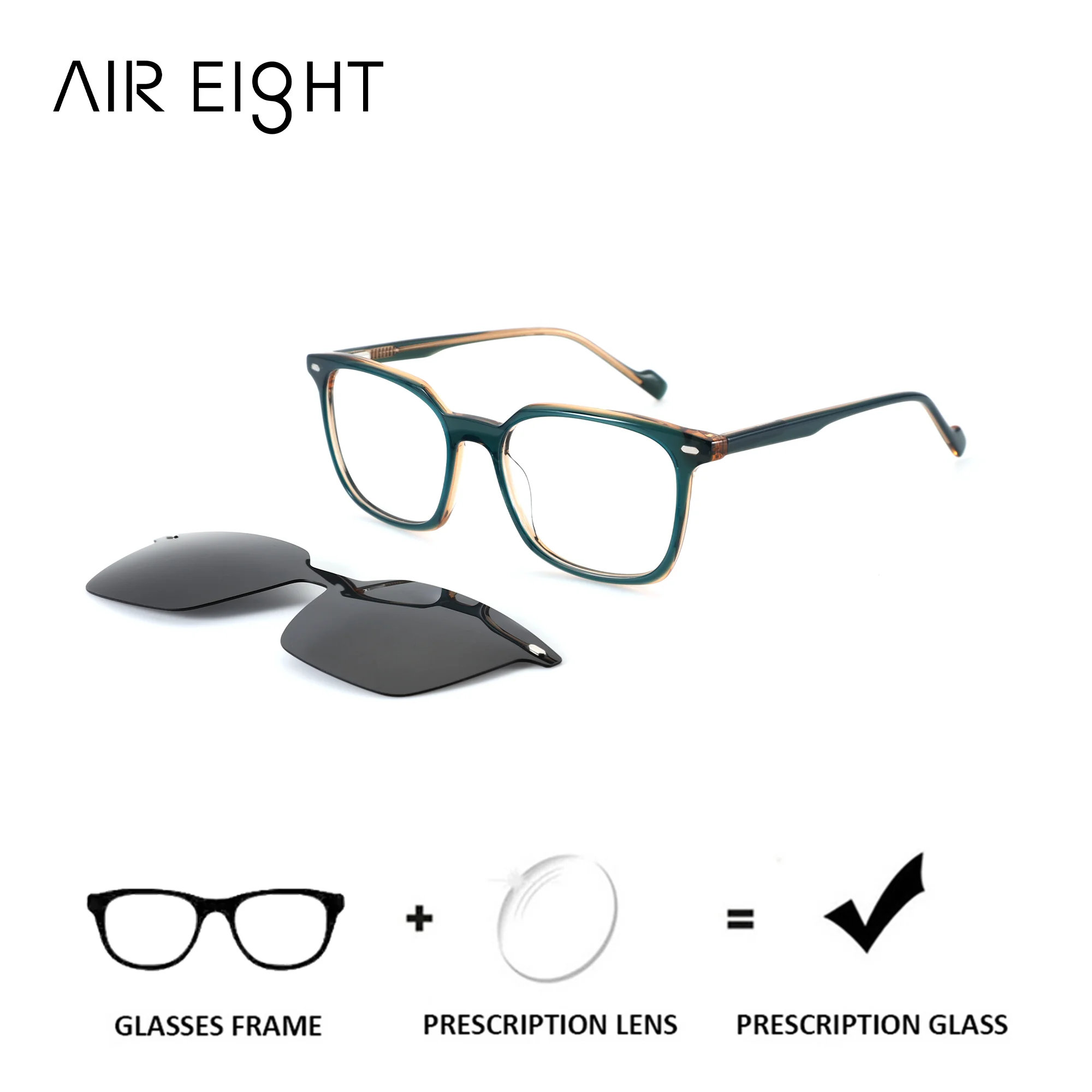 AIREIGHT – lunettes de vue carrées en acétate avec clip magnétique UV400, verres polarisés pour myopie, verres progressifs pour hommes