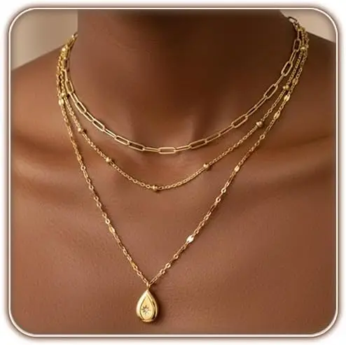

Layered Gold Necklace Set for Women with Coin Cross Tear Pendant Simple Stackable Jewelry Gift