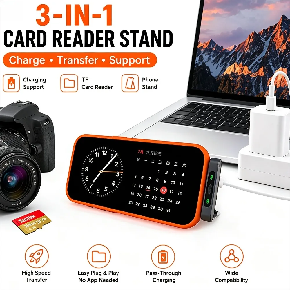 3 in 1 USB C Card Reader Phone Stand TF Micro SD Passthrough Charging Fast Transfer for iPhone iPad Android Phone
