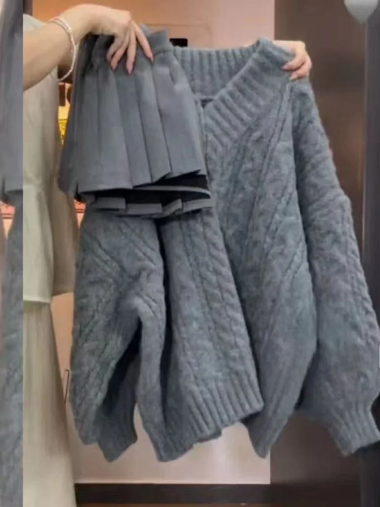 

Мягкий уютный вязаный комплект с v-образным вырезом, женский модный осенне-зимний комплект из двух предметов, свитер и юбка, нежный повседневный комплект