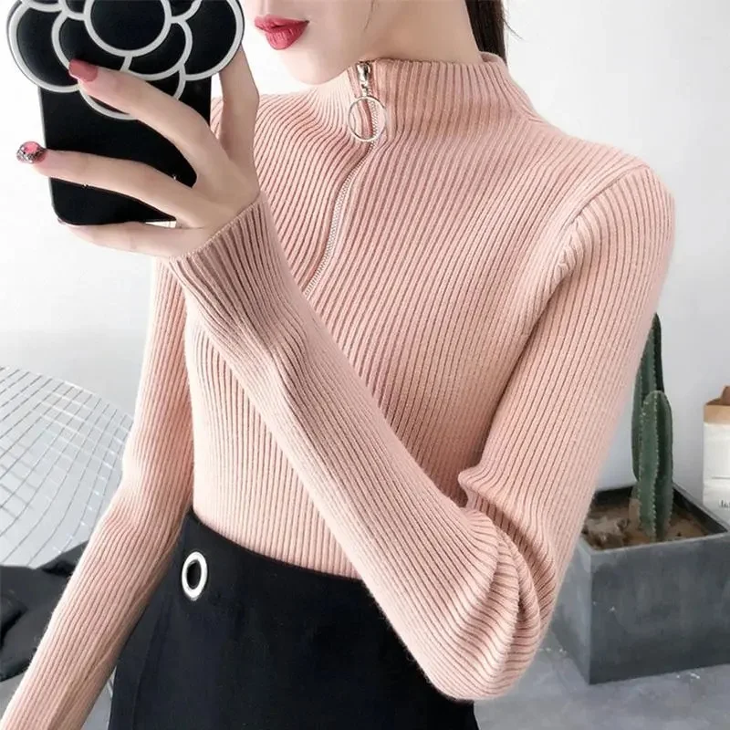 2023 Autumn Turtleneck Sweater Bottoming Sweater Women Ribbed Soft Zipper Elastic Pullover Warm Solid Color Slim Jumpers Top