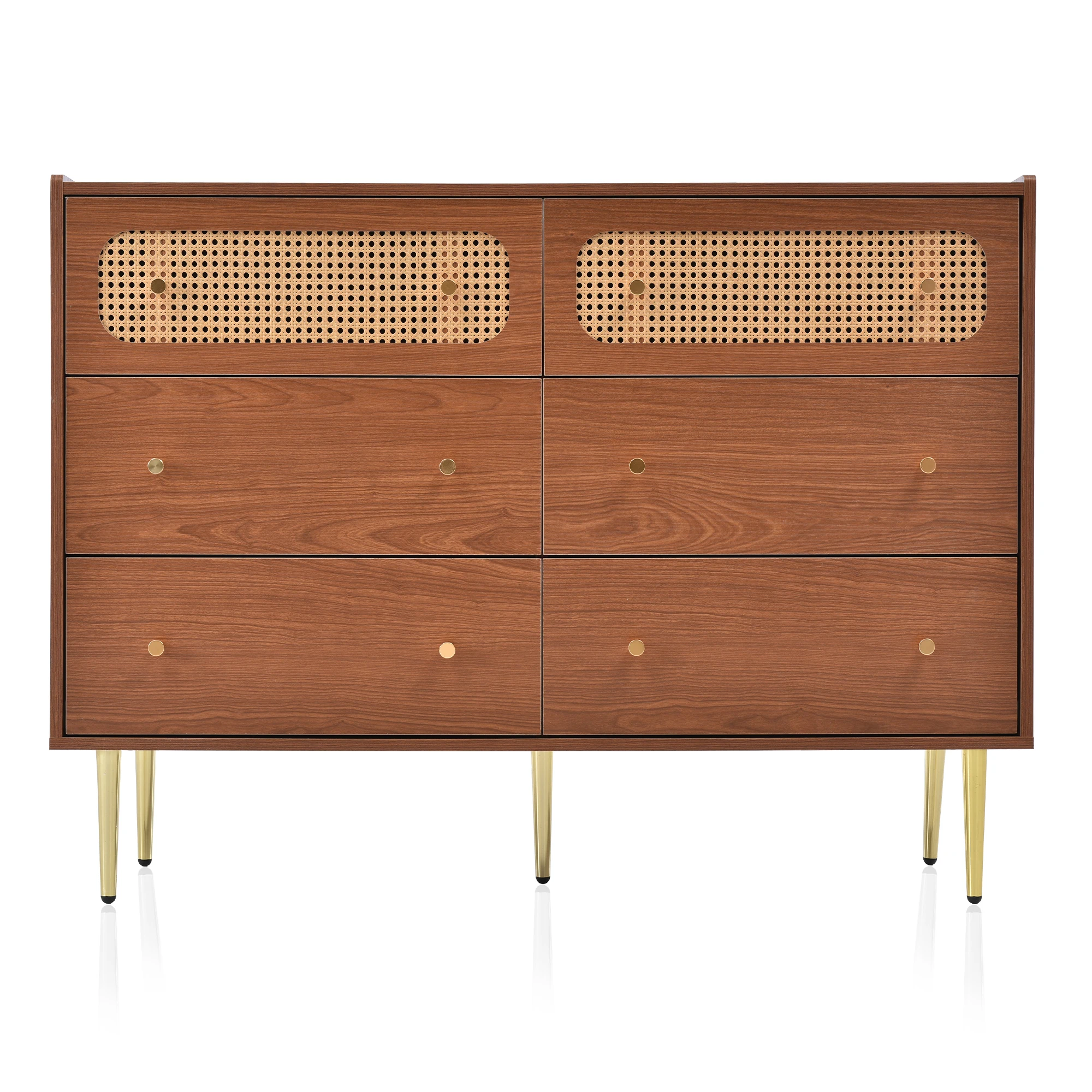 6-Schubladen-Rattan-Sideboard, Nussbaum-Highboard für Schlafzimmer und Wohnbereiche - H90/B120/T40 cm – Detail 26