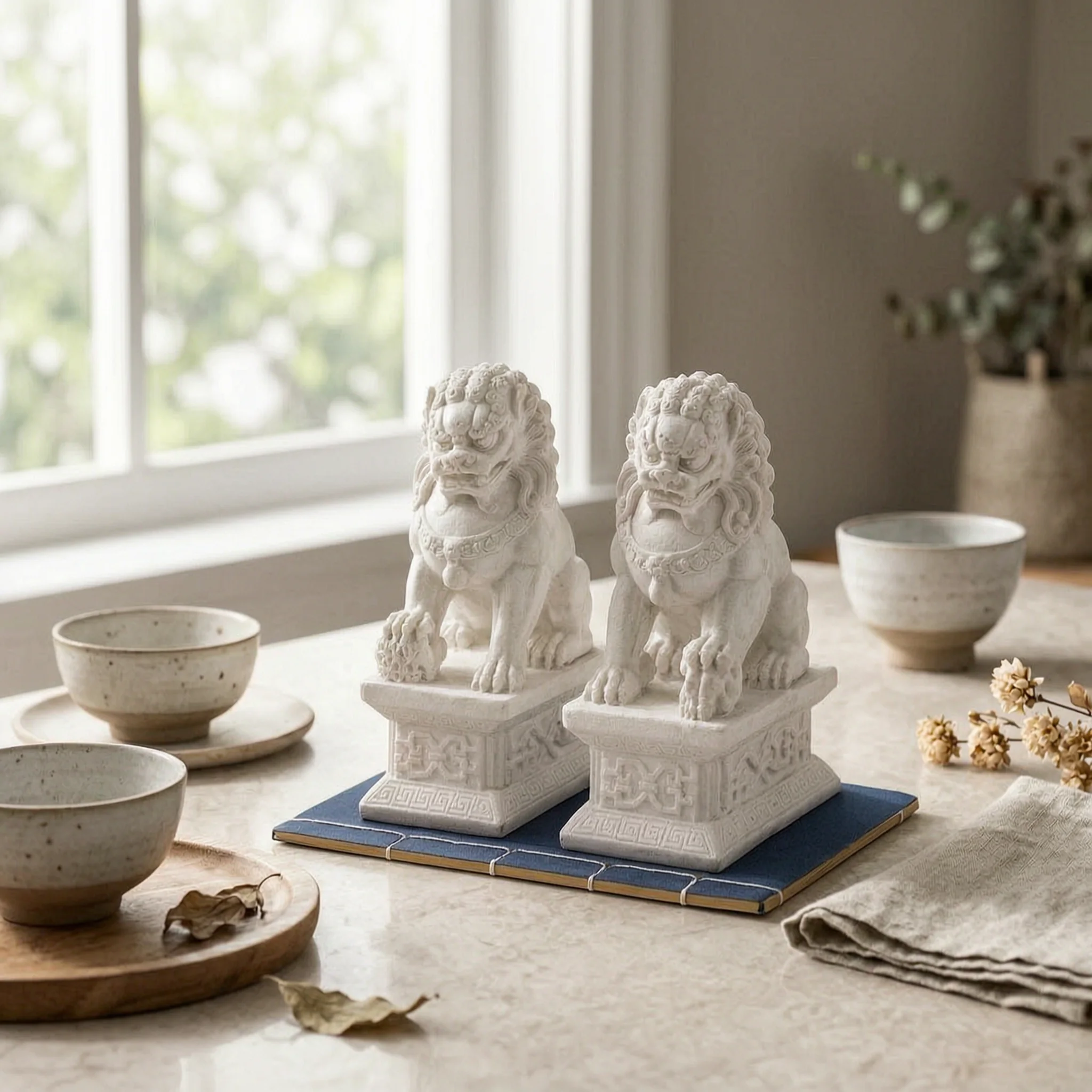 Feng Shui Patterned Base Chinese-Inspired Home Decor Accent Lion Figurines Standing Lion Ornaments for Office