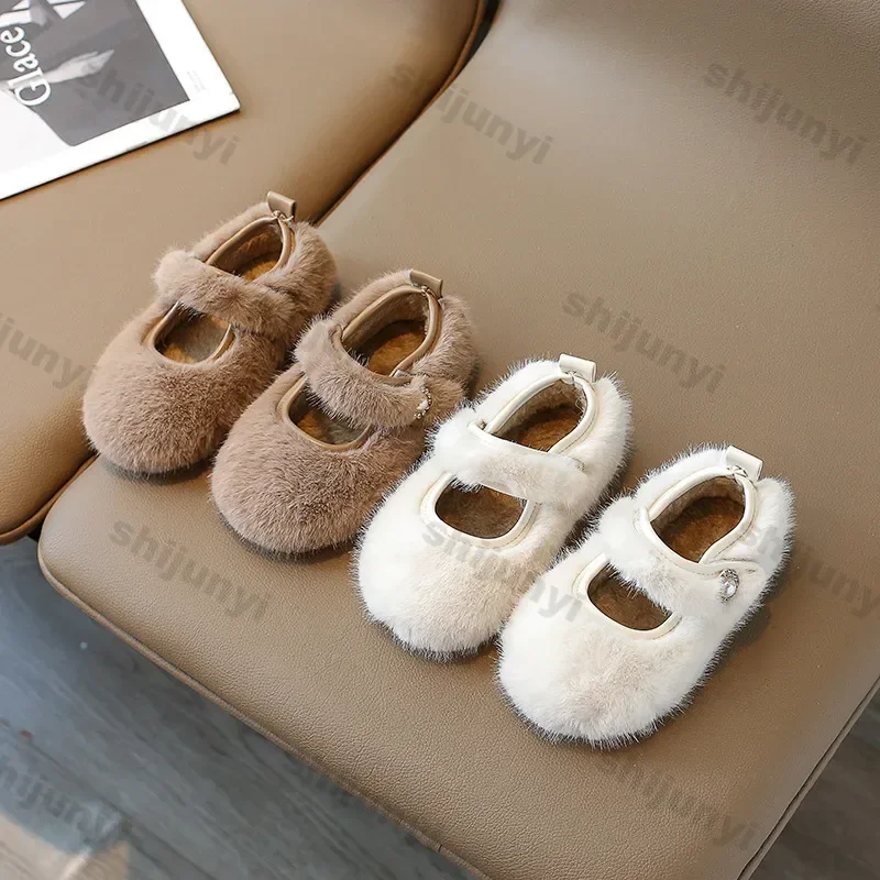 Children\'s Winter Cotton-padded Warm Cotton Fur Fluffy Children Flats Girls Loafers Slip-on Princess Sweet Anti-slippery Shoes