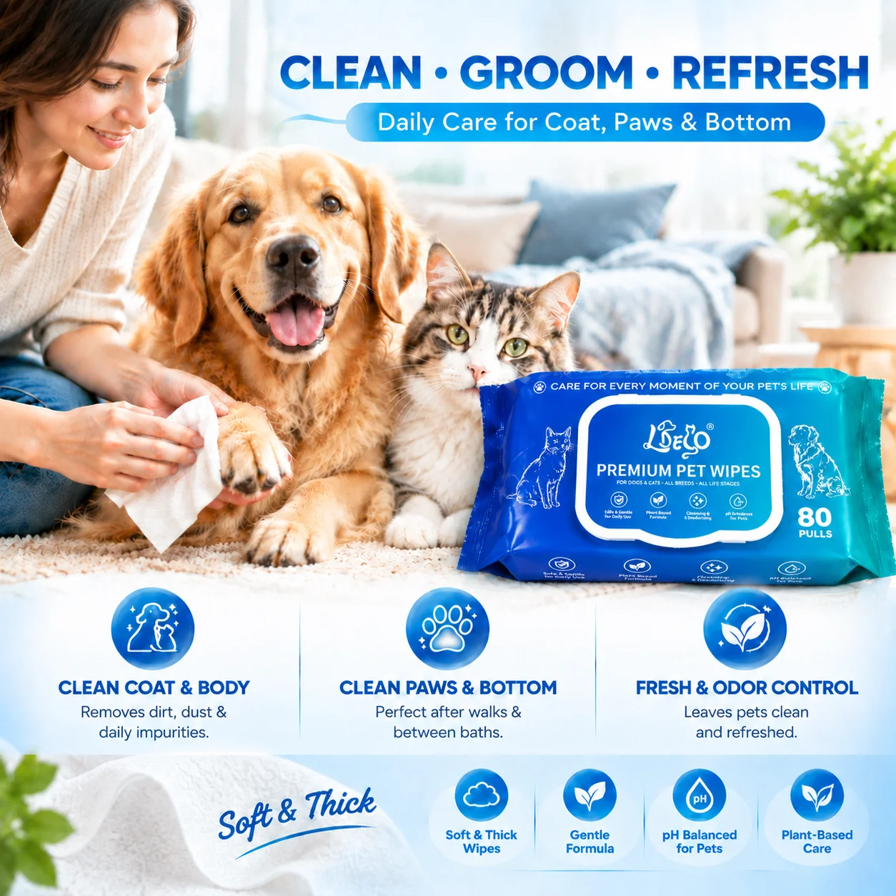 Pet Wipes 80 Count Per Pack, 20 Packs, Disposable Pet Cleaning Wipes for Dogs & Cats, Tear Stain Remover, Portable Household Wet