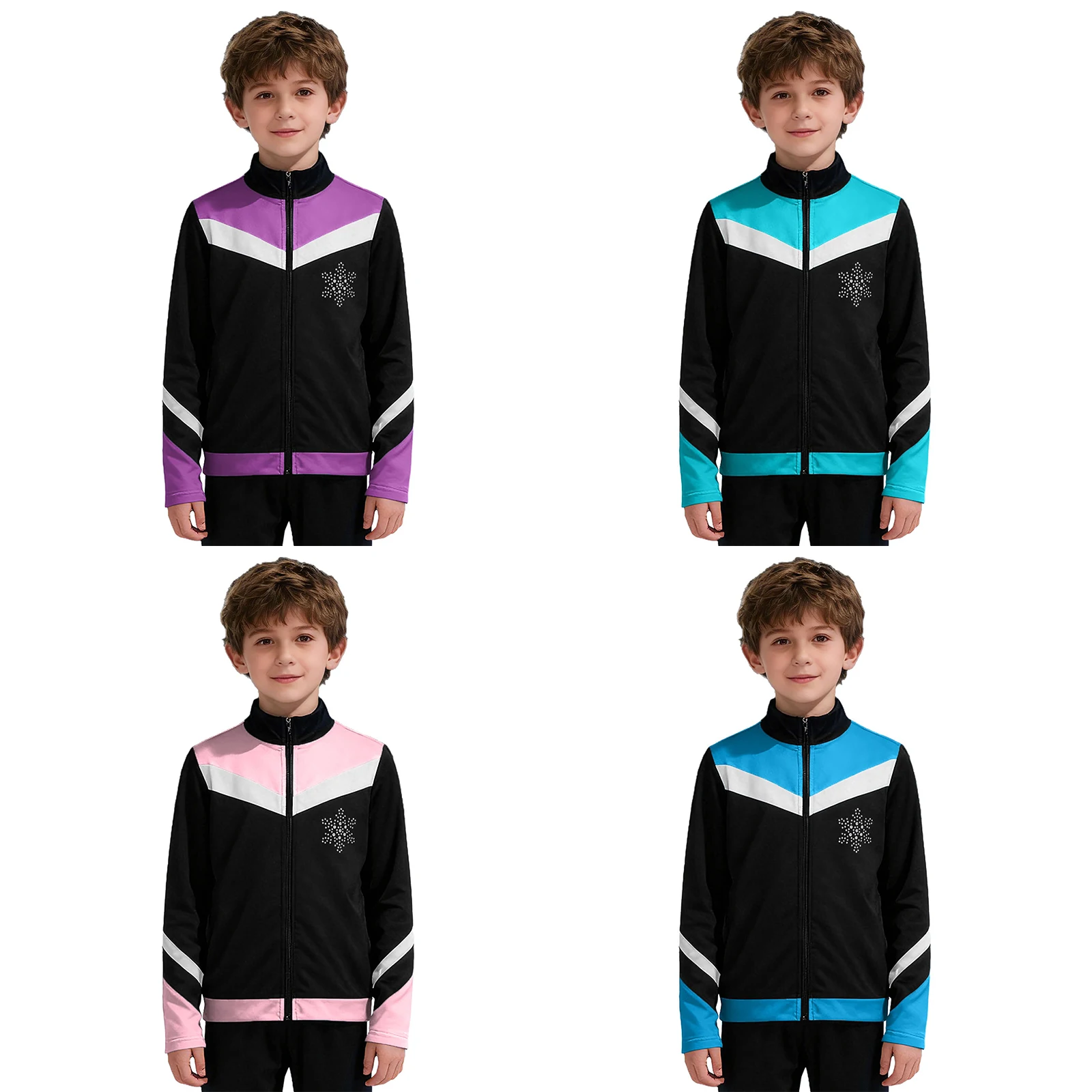 Costume d'entraînement de patinage artistique pour enfants garçons, doublure polaire à manches longues, strass brillants, flocon de neige, veste bloc de couleur, vêtements de danse