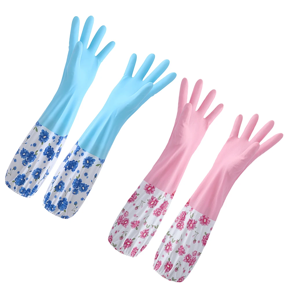 

2 Pairs Fleece Lined Long Sleeve Dishwashing Gloves Kitchen Cleaning Reusable Large Blue Pink H Protection Warm