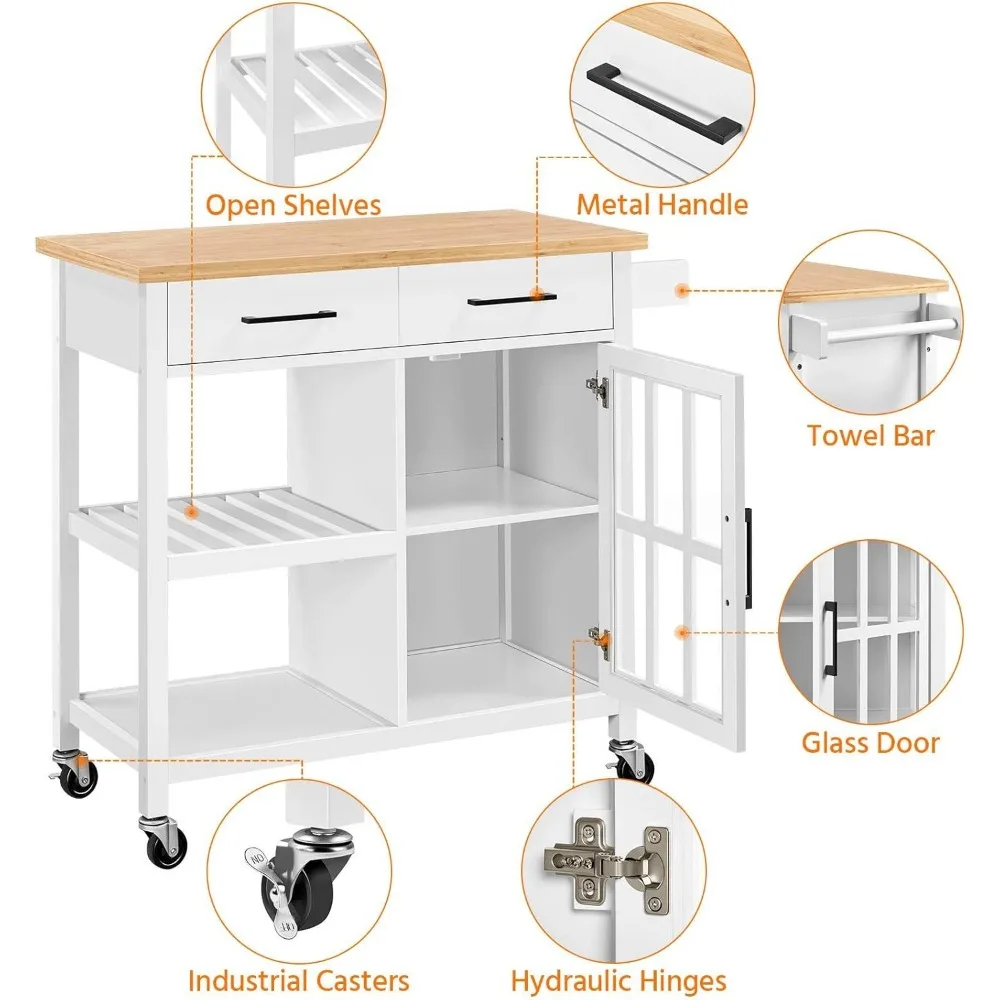 Chariot de cuisine roulant à roulettes avec égouts de proximité, armoire de rangement en verre du Guatemala, dessus en bambou, étagères à 2 niveaux