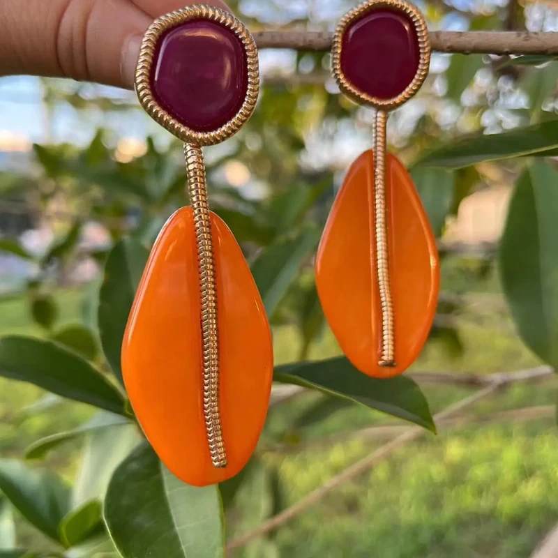 Bohemian Natural Stone Dangle Stud Earrings Multicolor Stone Oval Posting Earrings Orange White Green Earrings Vintage Jewelry