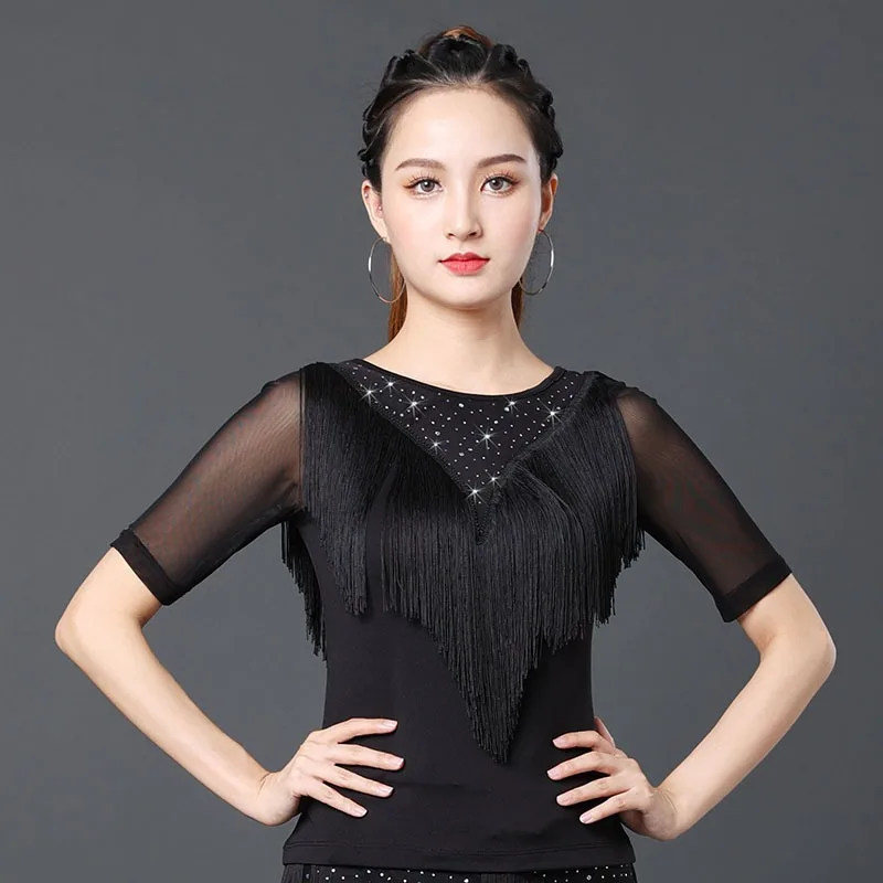 Tenue de danse latine personnalisée pour femmes, haut à manches courtes avec pompon, vêtements indiens pour femmes