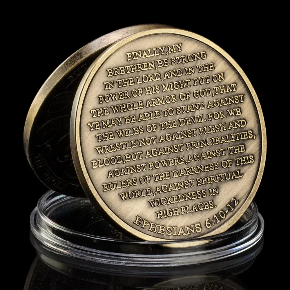 Armor of God Challenge Coin with High Relief Soldier Pattern and Ephesians Prayer Bronze Plated Commemorative Coin