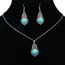 Vintage national imitation Turquoise women's earring necklace set antique silver plated alloy green earring necklace