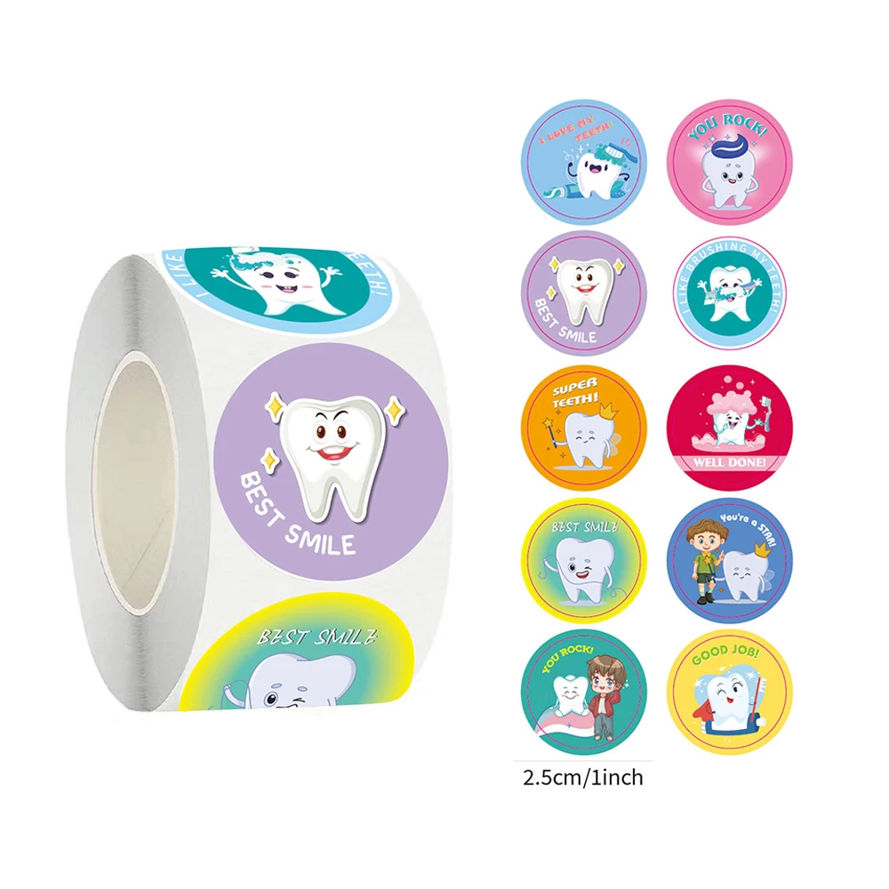 500pcs Cute Cartoon Dental Tooth Aesthetic Stickers Roll Teeth Shape Sealing Labels Decal for Diary Laptop Fridge Kid Reward Toy