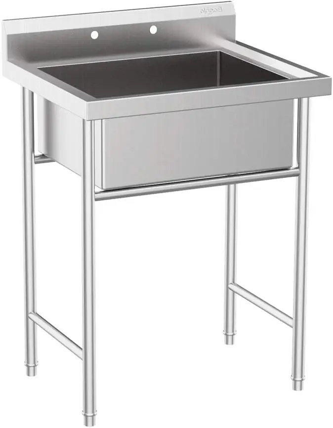 Free Standing 304 Stainless Steel Utility Sinks for Laundry Room with Backsplash, Industrial Garage Sink Commercial Sink