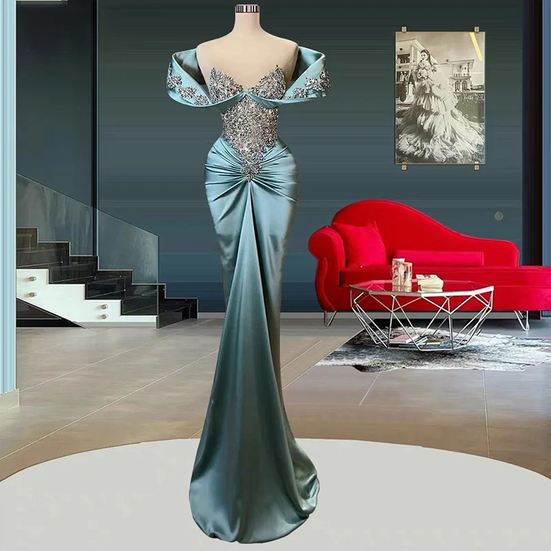 

Elegant Off the Shoulder Mermaid Evening Dress Woman Satin Floor Length Prom Gown Sparkling Beads Formal Party Dresses