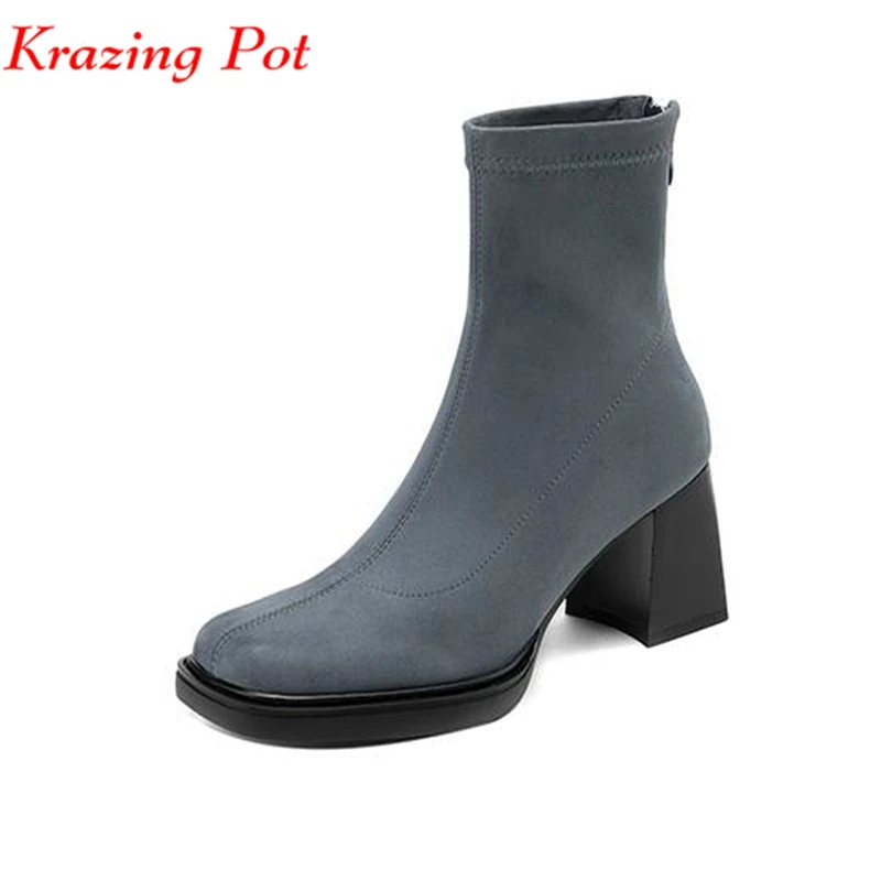 

Krazing Pot New Flock Round Toe Platform Motorcycles Boots Thick High Winter Shoes Brand Shoes Casual Modern Fashion Ankle Boots