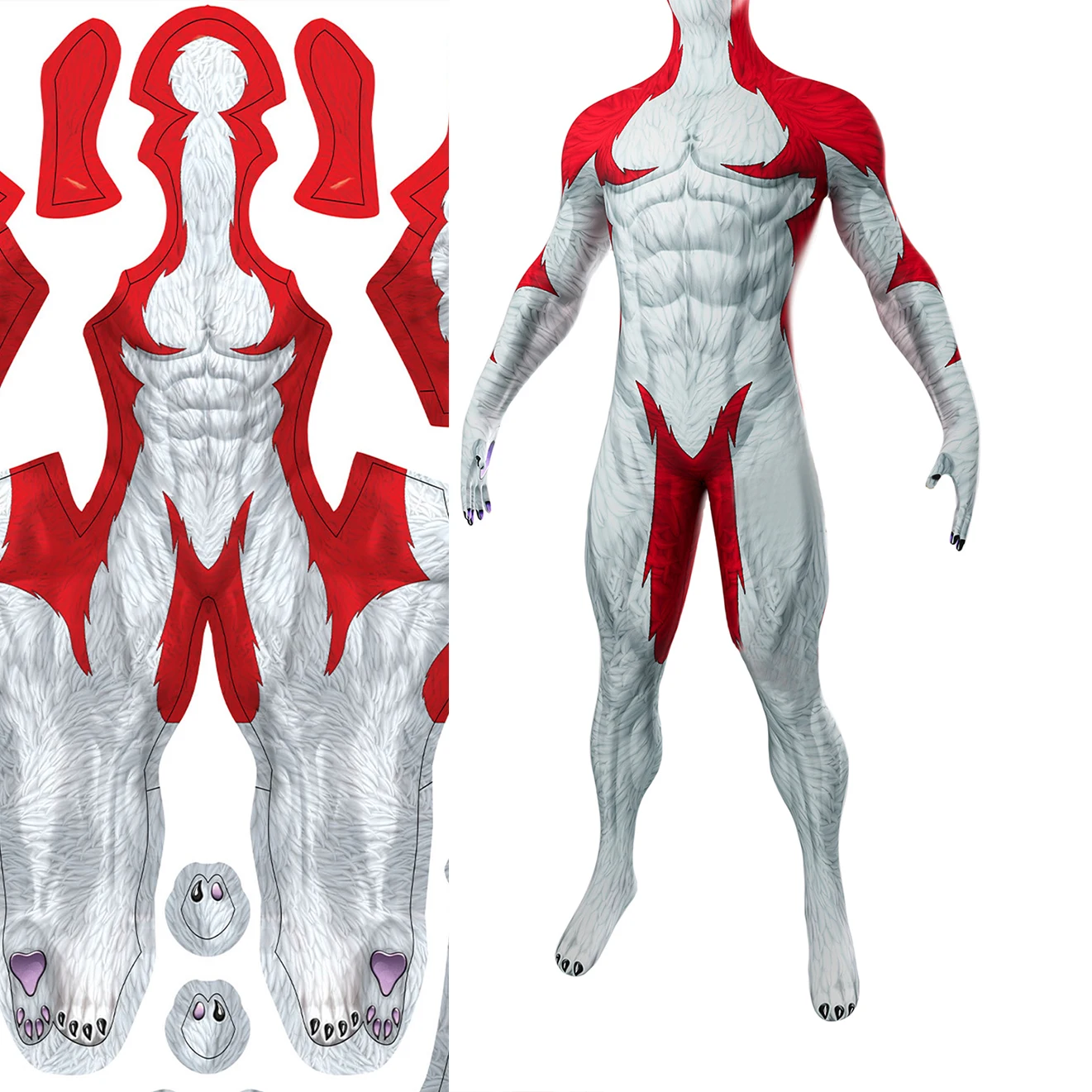 

Red and White Wolf Beast Costume Cosplay Superhero 3D Printed Spandex Zentai Suits Outfits Beast Halloween Costume for Adult Kid
