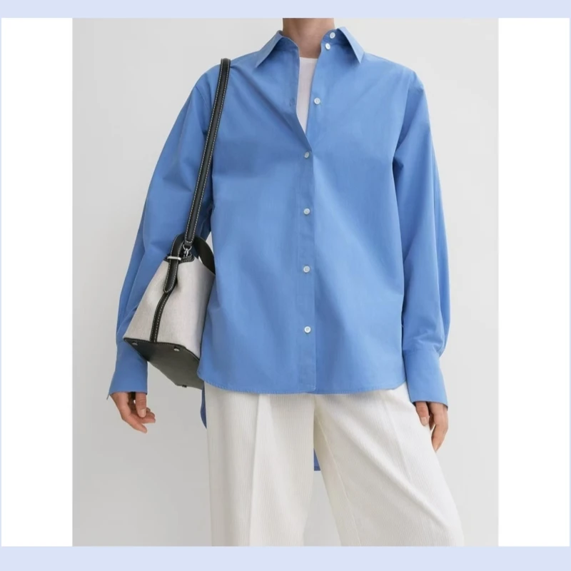 Nordic niche cotton blue women's 24 year spring and autumn new style simple commuting loose collar long sleeved shirt