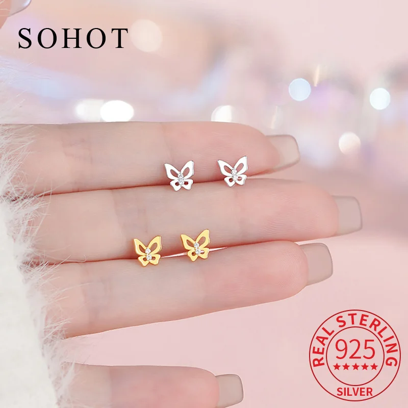 Real 925 Sterling Silver Mini Hollow Butterfly Stud Earrings for Charming Women Fine Jewelry Geometric Sweet Accessories