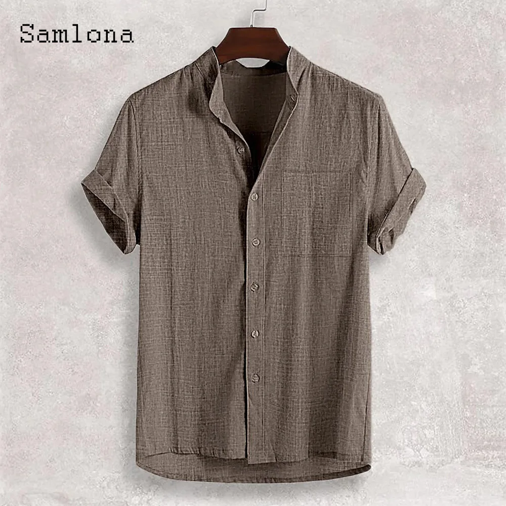 الرجال قصيرة الأكمام مجلس قميص الملابس 2025 جديد الصيف ياقة بلوزة الصلبة الأخضر الكتان حجم كبير قمصان رجالي عادية الشاطئ