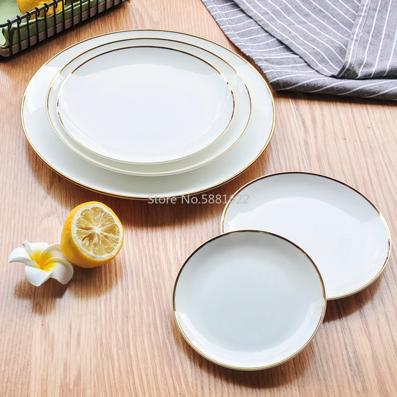 Gold Edge Ceramic Plate Dish White Porcelain Tableware Western-style Dinner Dishes and Plates Sets