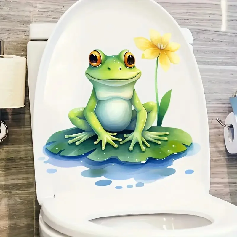 Frog Lotus Pond Toilet Lid Decal - Animal Print, Self-Adhesive Bathroom Decor Sticker for Toilet Seat and Tank,