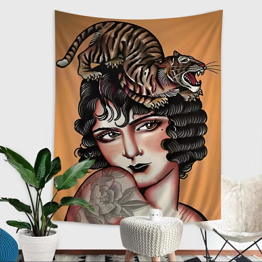 VIKAMA Wild Tiger Wandteppich, Vintage-Tattoo, Frau, leben mit Tieren, lichtbeständig, Wohnzimmer, Schlafzimmer, dekorativer Wandteppich