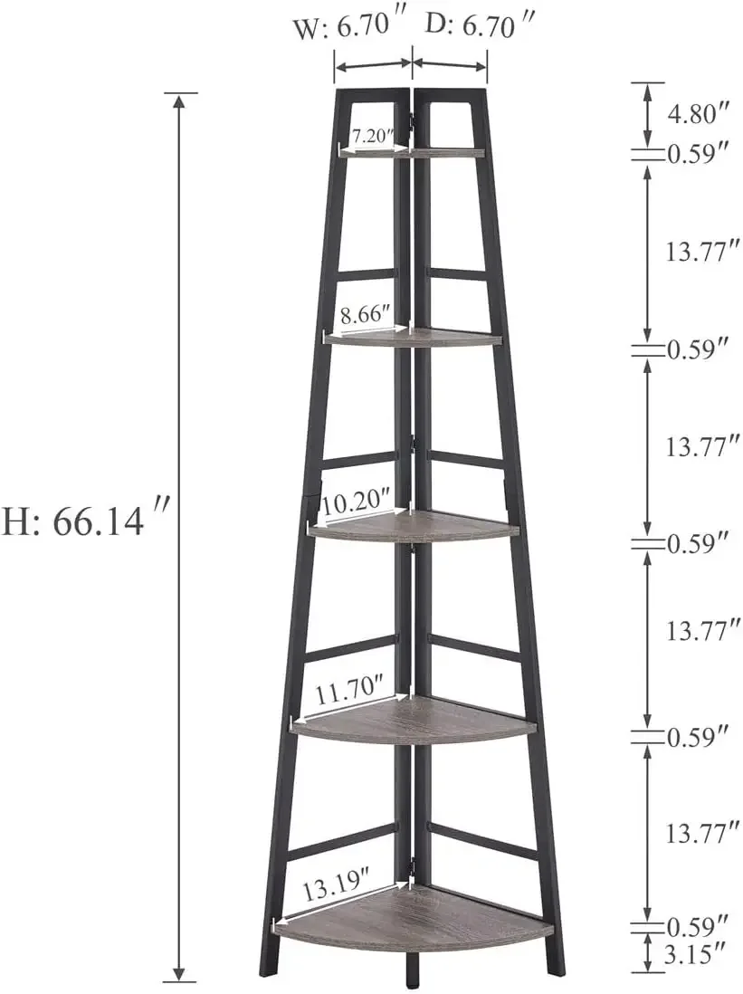 BON AUGURE Rustic Tall Corner Bookshelf, 5 Tier Wood and Black Metal Corner Ladder Shelf, Industrial Corner Bookcase and Gray C