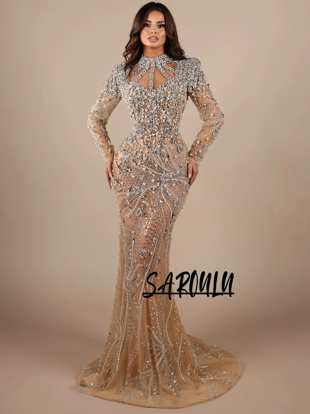 

Шикарное вечернее платье цвета шампань с жемчугом и кристаллами, индивидуальный пошив, изысканное блестящее платье с длинными рукавами, фасон «русалка», для торжественных мероприятий