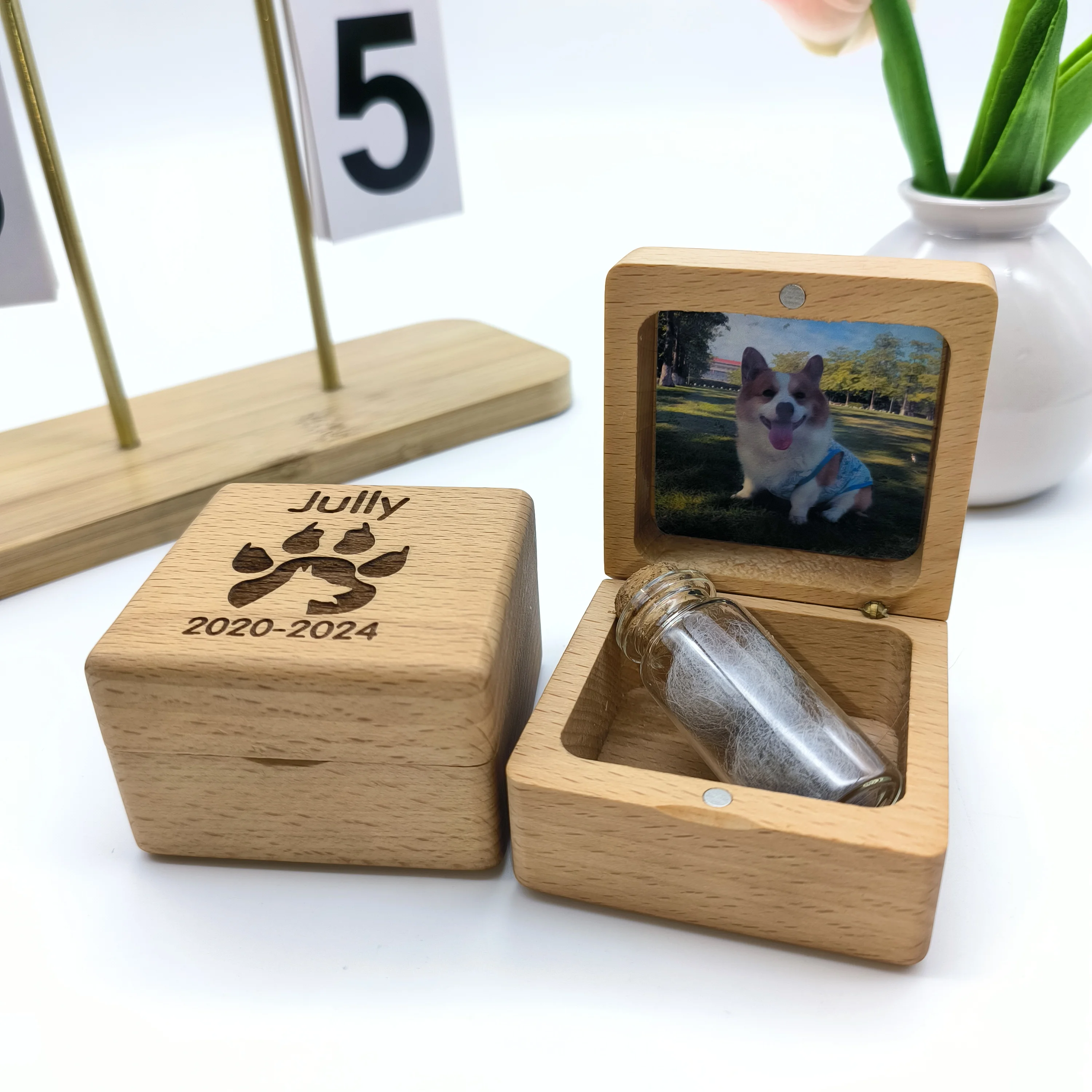 

Personalized Handmade Wooden Pet Memorial Box with Name and Photos - Can Hold Pet Urn, Pet Fur , Pet Teeth, Pet Nails