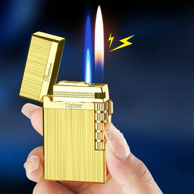 2024 Classic Retro Loud Voice Double Fire Inflatable Lighter Side Pulley Ignites Open Flame Switching Jet Flame Fun Gas Lighters