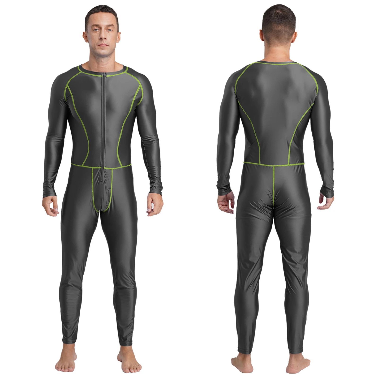

Men Glossy Outer Flat Seams Full Jumpsuit Front Zipper Long Sleeve Long Pants Compression Rompers for Swimming Yoga Workout