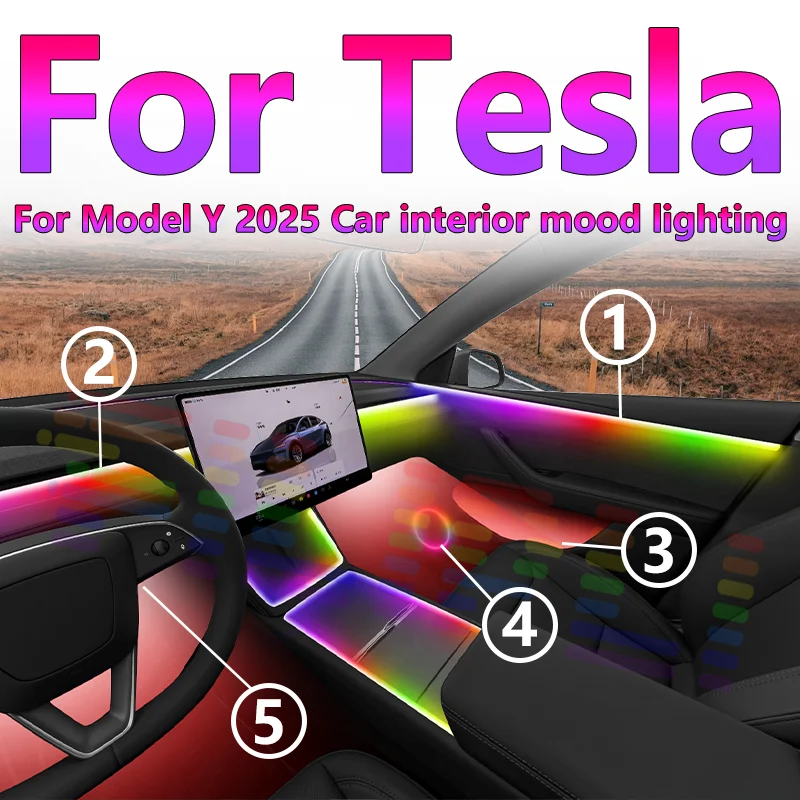 

For Tesla Model 2025 Futuristic LED Auto Mood Light Strip 64 Vibrant Shades Rainbow Effects APP/USB Concealed Acrylic Design
