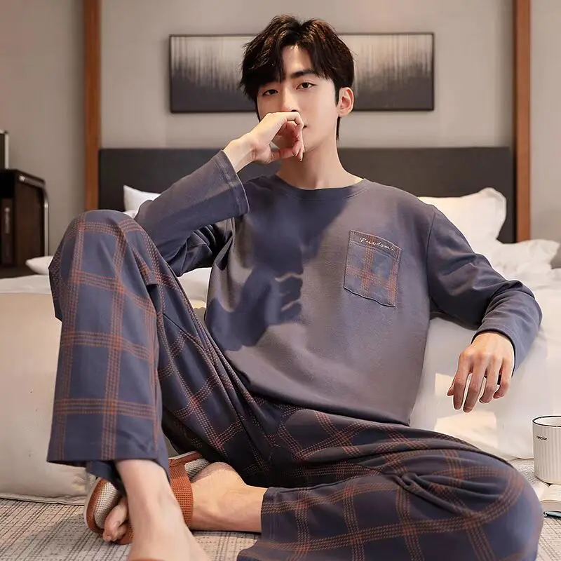 L-5XL de pijamas a cuadros de algodón tejidos para primavera y otoño, conjunto de ropa de dormir de manga larga para hombre, pijamas suaves informales, ropa de casa para hombre
